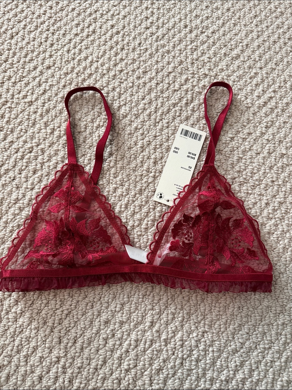 Kat the Label Size Extra Small XS Women's Sheer Floral Lace Bralette in Burgundy
